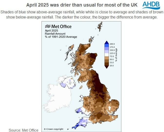 Map from the Met Office showing below normal rainfall for most of the UK in April 2025
